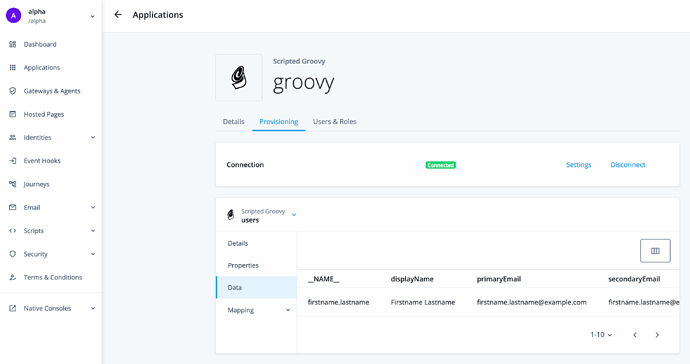 Data tab content for Groovy application in the Platform admin UI
