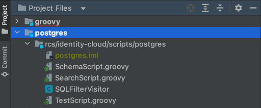 Two modules registered in a project and appearing under Project Files: groovy and postgres. The latter is expanded to show existing source files and their location.